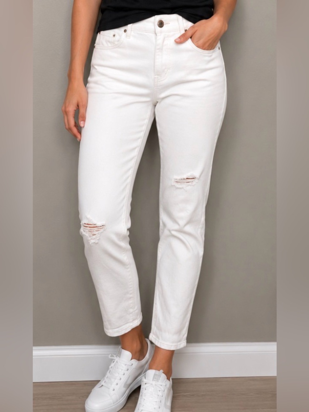 WHBM Jeans White Denim Patchwork Skinny Fabric Under Cut Out Lace Distress Crop